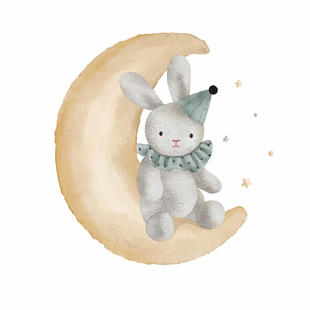 Cute bunny on the moon with little stars watercolor vector illustration