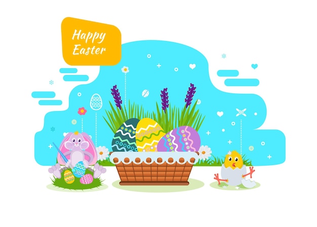 Vector cute bunny paints easter eggs with a brush and paint