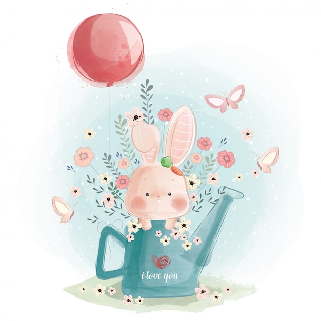 Cute bunny playing in the watercan