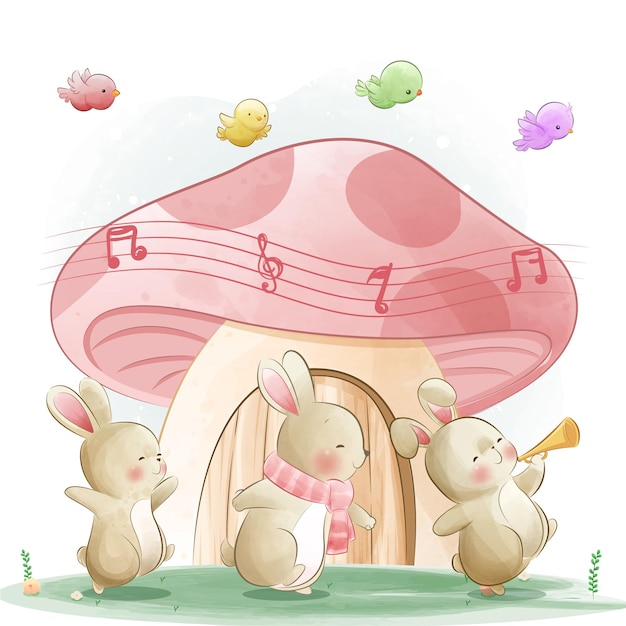 Cute bunny playing music instruments and having fun