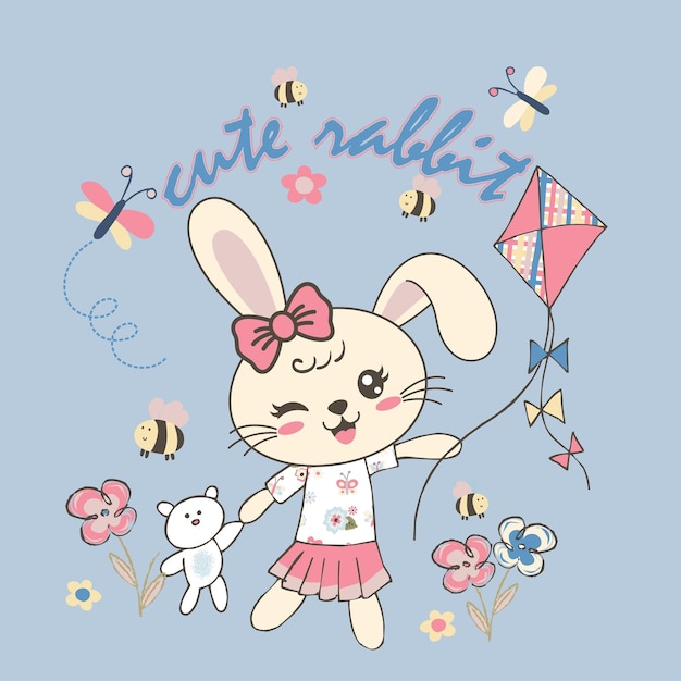 cute bunny playing with flower cartoon vector