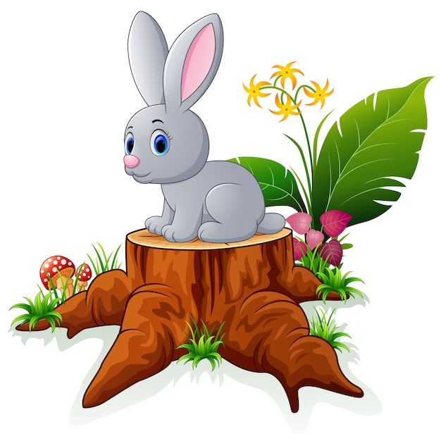 Vector cute bunny posing on tree stump