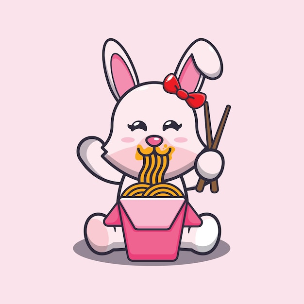 麺を食べるかわいいウサギのウサギの漫画のマスコットイラスト
