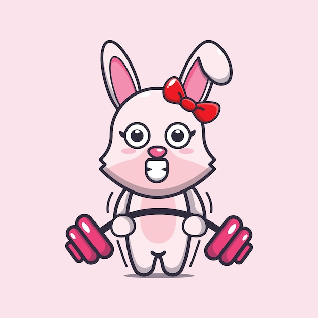 Vector cute bunny rabbit cartoon mascot illustration lifting barbell