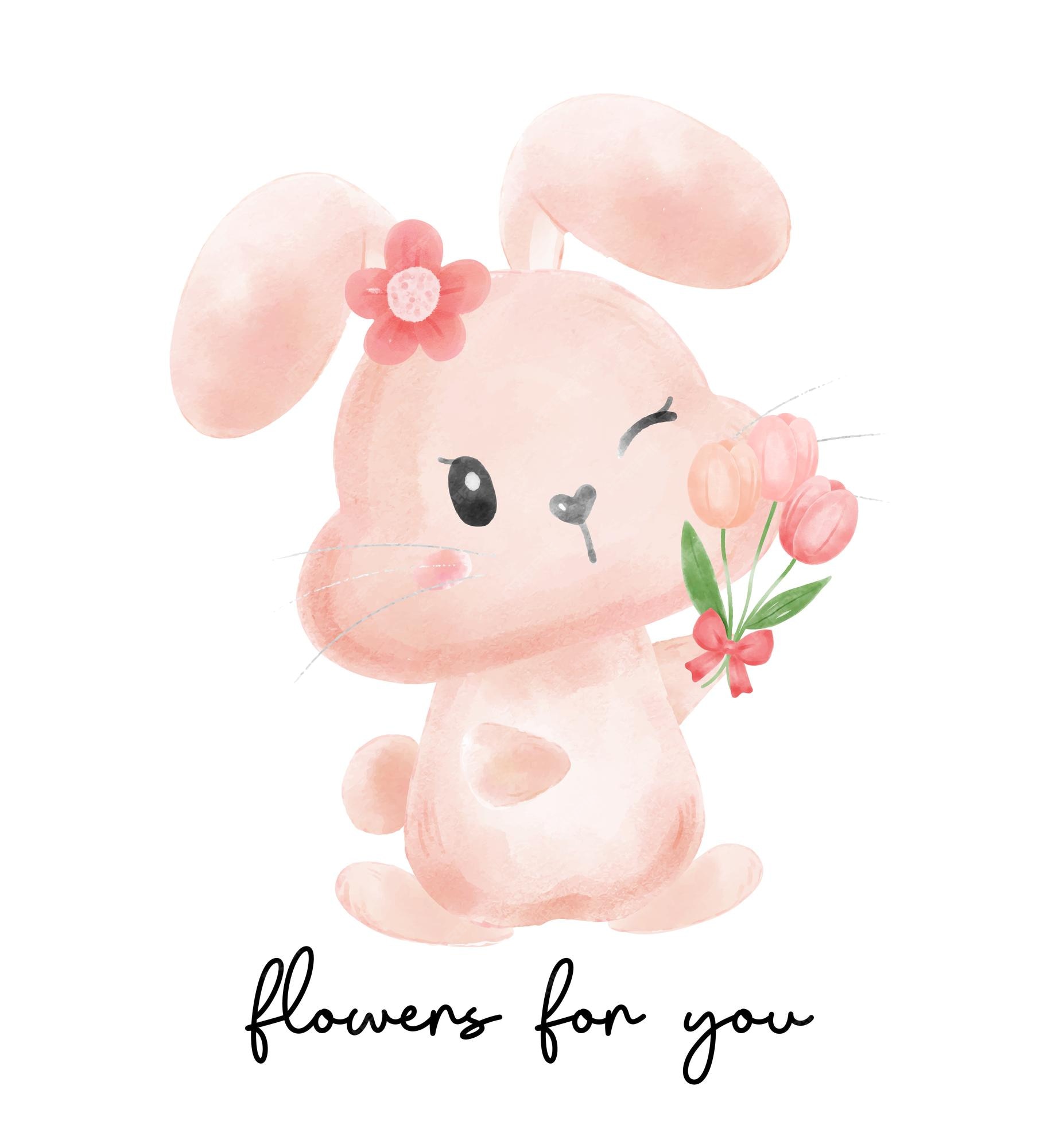 Premium Vector | Cute bunny rabbit girl smile face flowers for you cartoon  watercolour vector baby bunny