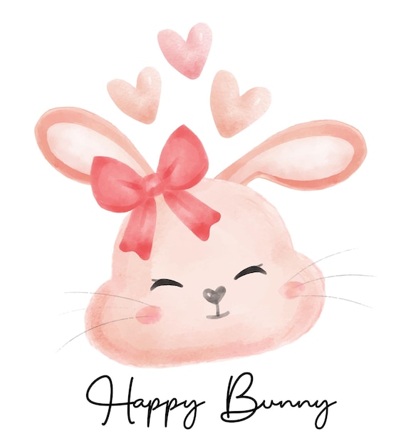 Cute bunny rabbit girl smile face with hearts cartoon watercolour vector Happy Bunny