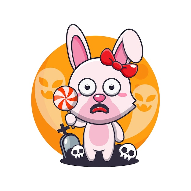 ハロウィーンの日に幽霊に怖がるかわいいウサギ