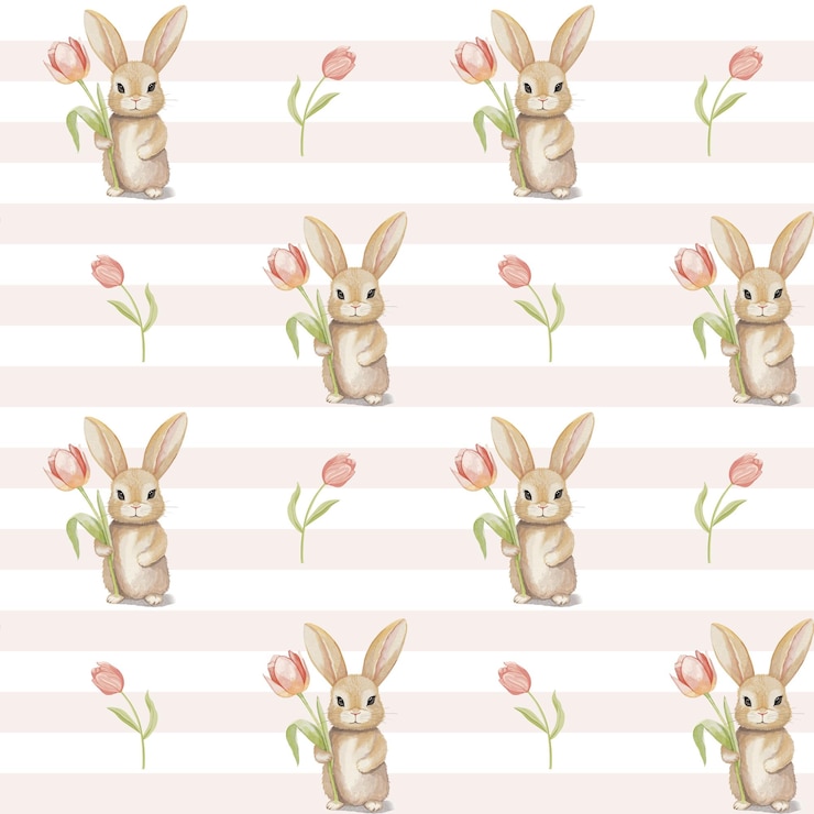 Vector cute bunny seamless pattern watercolor rabbit with tulip vector backgrounds in pastel colors