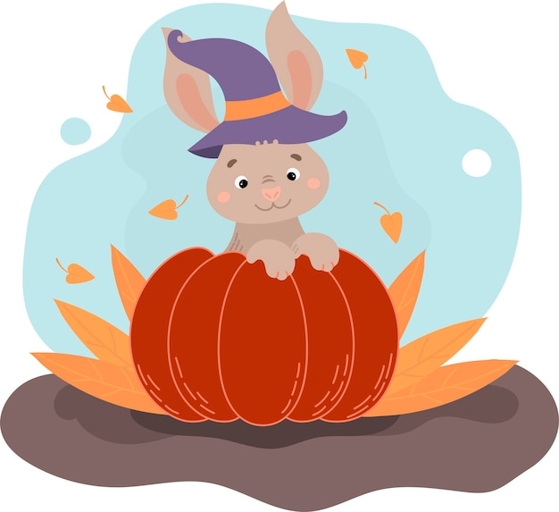 Cute bunny sitting in a pumpkin happy halloween autumn poster vector illustration