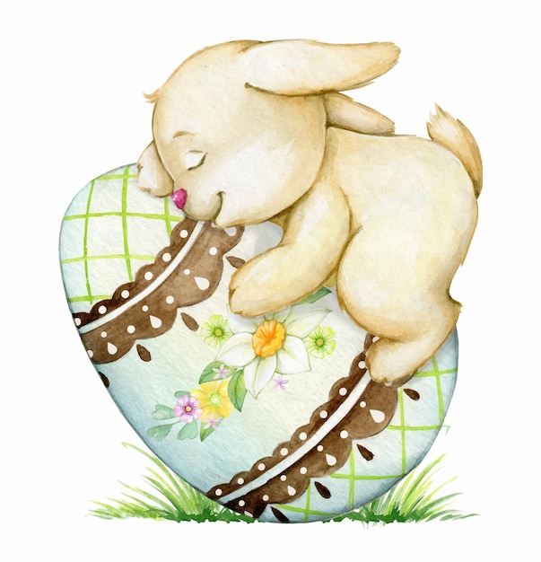 고립 된 배경에 만화 스타일의 부활절 달걀 수채화 그림에서 자고있는 귀여운 토끼