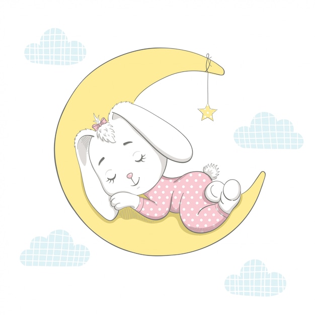 Vector cute bunny sleeping on the moon. cartoon vector illustration.