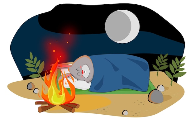 Cute bunny sleeps by the fire and admire the starry sky