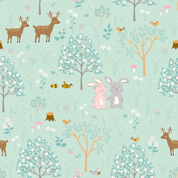 Vector cute bunny on spring forest seamless pattern springtime with cute animals on pastel background