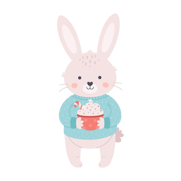 Cute bunny in sweater with coffee cup or Christmas drink. Merry Christmas and Happy New Year.