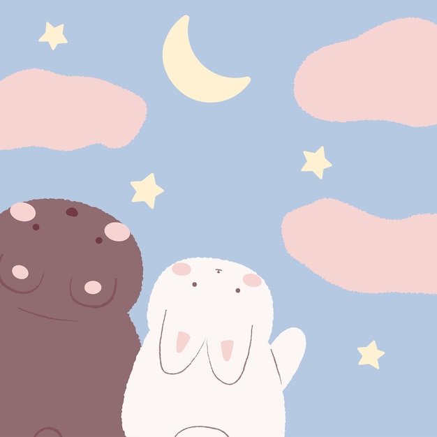 Cute bunny and teddy bear look at the starry sky Kawaii illustration