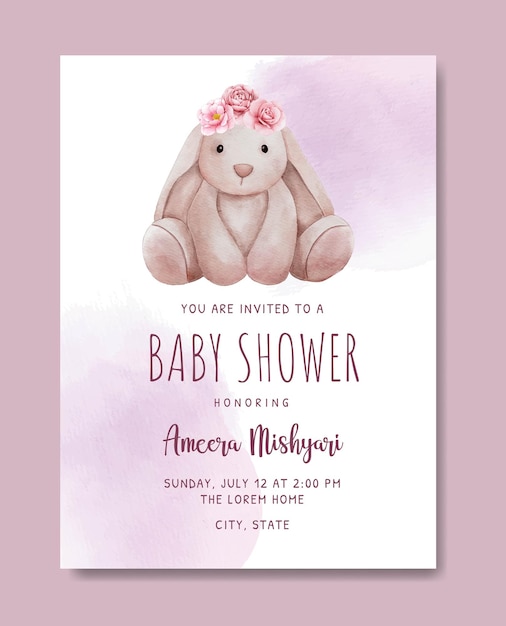 Vettore simpatico coniglietto acquerello baby shower invito