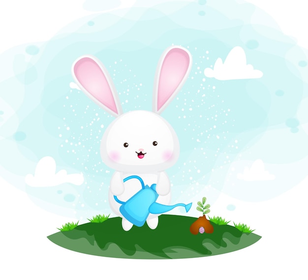 Cute bunny watering the plant