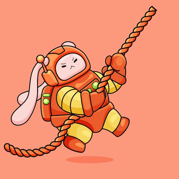 a cute bunny wearing an astronaut costume is pulling a rope