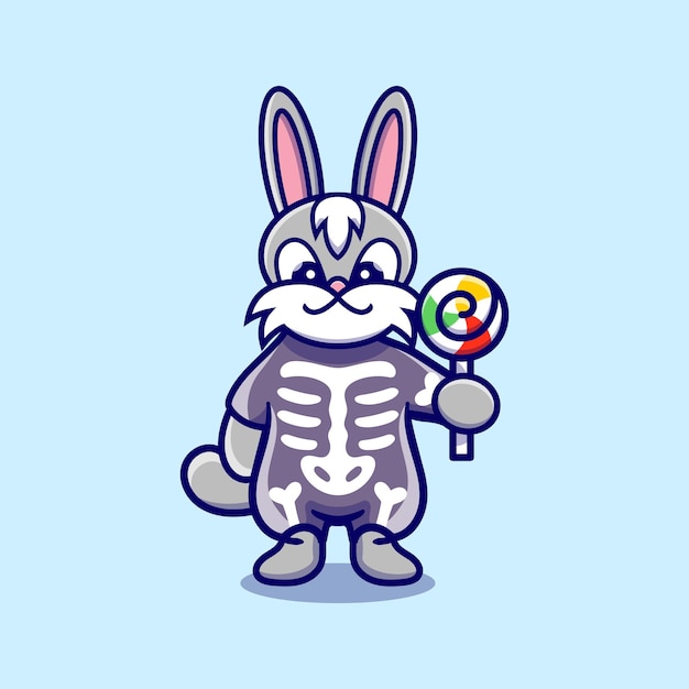 Vector cute bunny wearing skeleton halloween costume and carrying lollipop