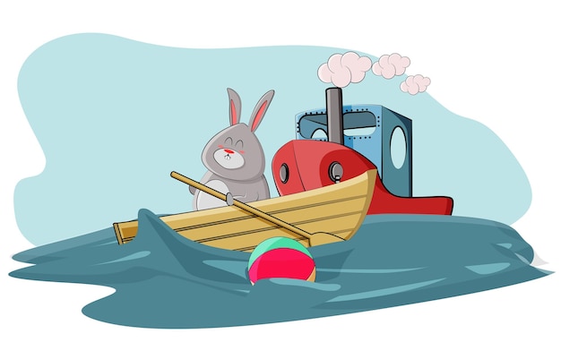 A cute bunny went to the open sea on a boat to get the ball that floated away