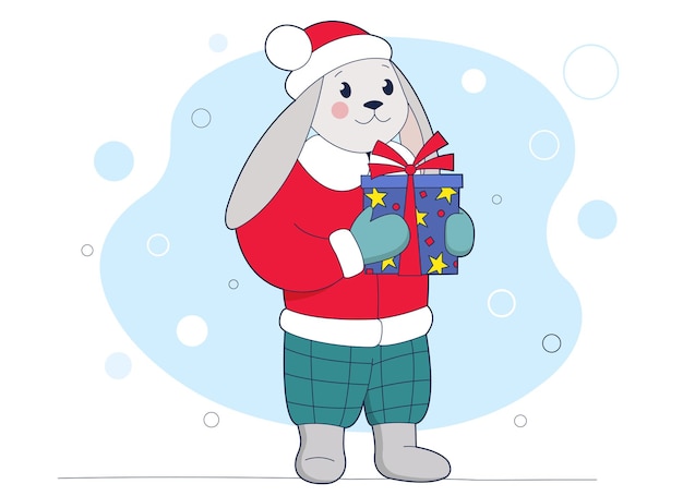 Cute bunny in winter clothes holding Christmas gift box Winter design