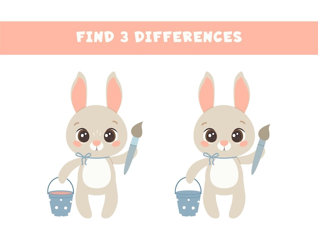 Vector cute bunny with a bucket of paint find three differences vector illustration