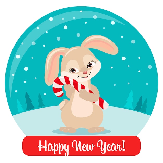 Cute bunny with a christmas candy in a glass ball and a congratulatory text. postcard, vector