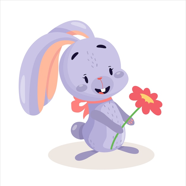 Cute bunny with eggs and flowers