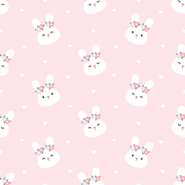 Vector cute bunny with flower crown seamless pattern