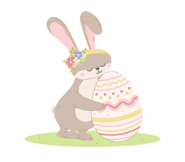 Милый кролик с цветами, обнимающий украшенное пасхальное яйцо векторная изолированная карикатура на кролика на поляне