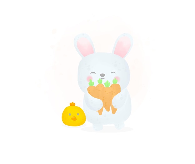 Vettore simpatico coniglietto con un amico che tiene la carota in stile acquerello