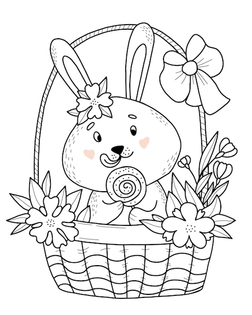 Vector cute bunny with lollipop in basket with flowers in style of hand drawn linear doodles