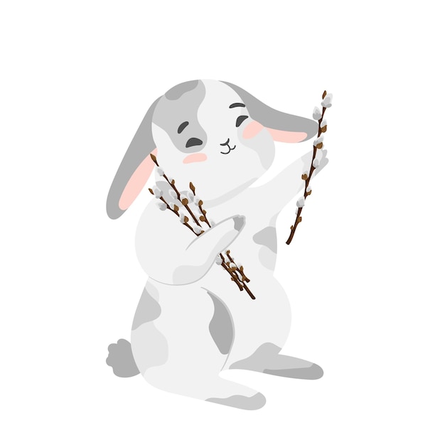 Cute Bunny with pussy willow branch isolated vector Illustration Happy Easter design Grey rabbit