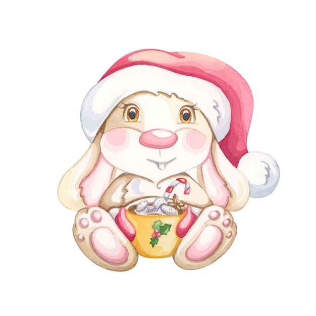 Cute bunny with a red cap and a cup Watercolor illustration