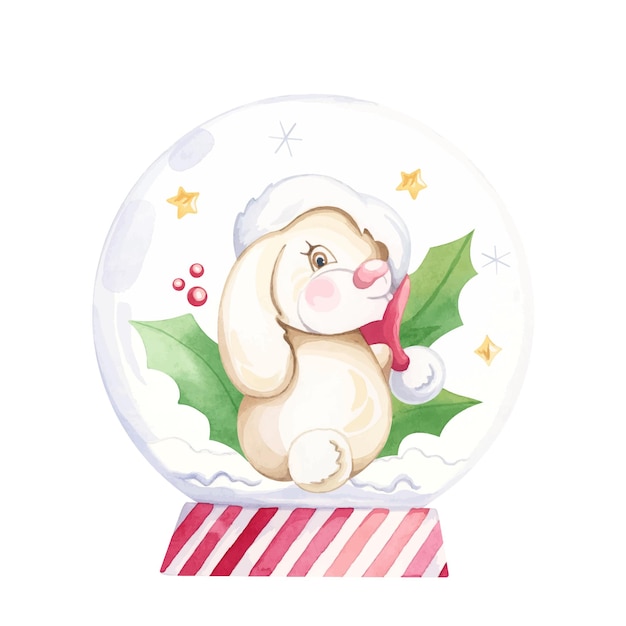 Cute bunny with a red hat Watercolor illustration