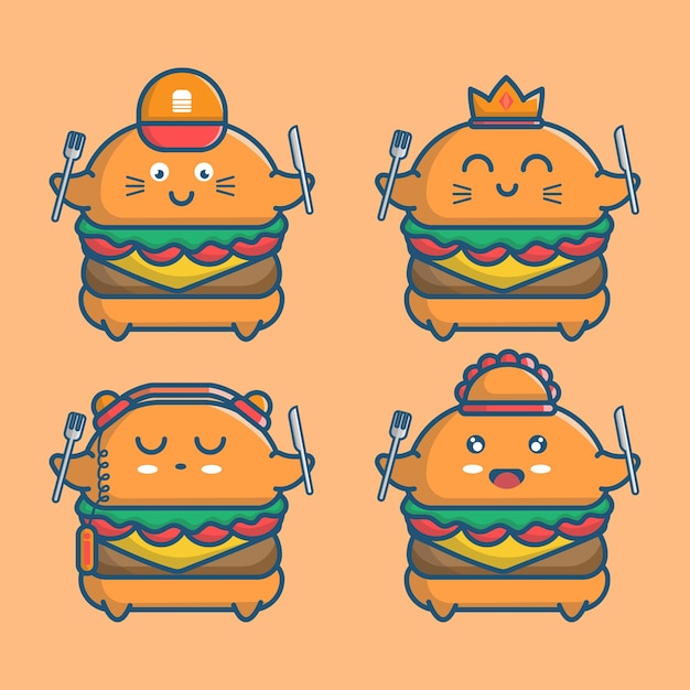 Insieme dell'illustrazione del carattere dell'hamburger carino