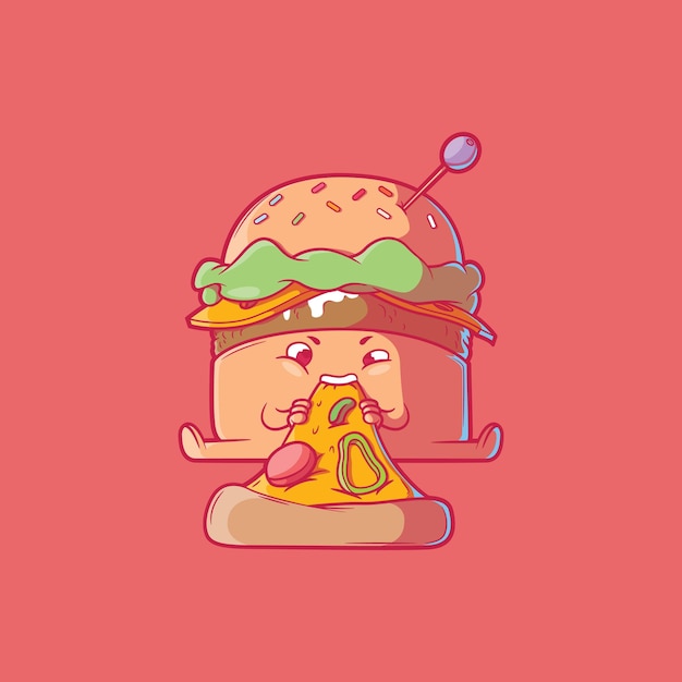 Carino hamburger che mangia una fetta di pizza illustrazione vettoriale cibo divertente concetto di design mascotte