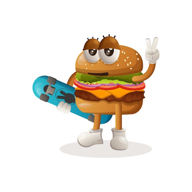 Vettore simpatico design della mascotte dell'hamburger che trasporta uno skateboard