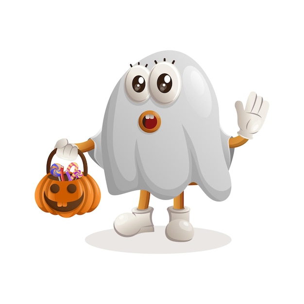 Cute burger mascot design ghost halloween holding halloween pumpkin with candy on it