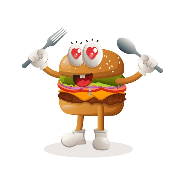 Cute burger mascot design holding spoon and fork