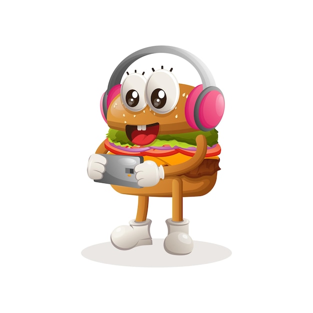 Vector cute burger mascot design playing game mobile wearing headphones