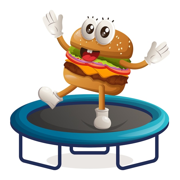 Vettore simpatico disegno della mascotte dell'hamburger che gioca al gioco del trampolino