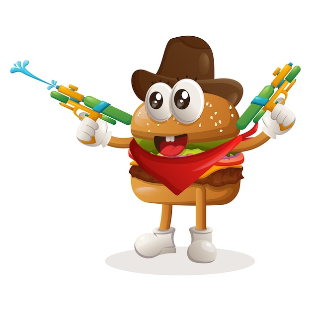 Cute burger mascot design playing with water gun toy wearing cowboy hat