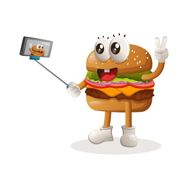 Vettore il simpatico design della mascotte dell'hamburger si fa un selfie con lo smartphone