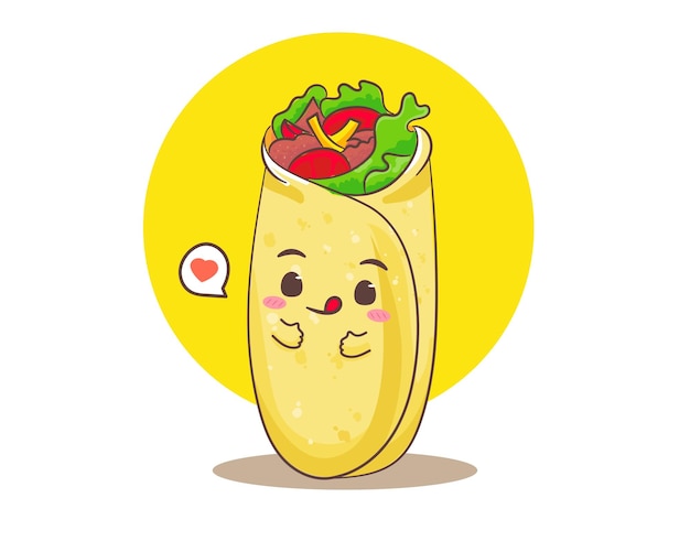 Simpatico personaggio della mascotte dei cartoni animati di burrito. illustrazione vettoriale del concetto di cibo