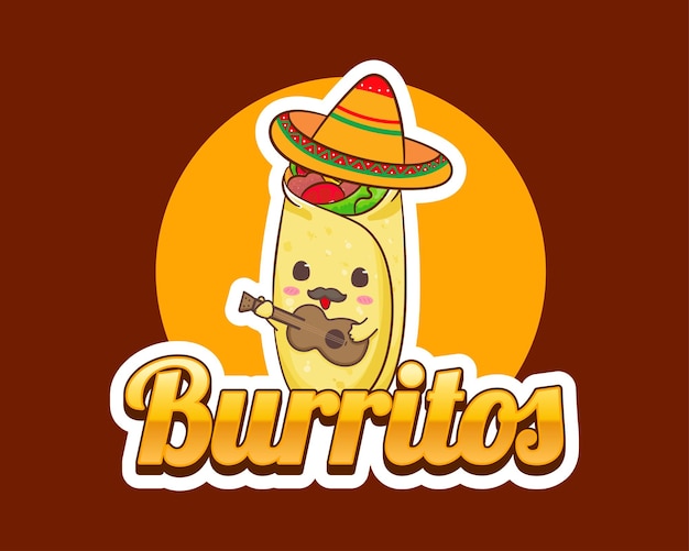 Simpatico personaggio della mascotte dei cartoni animati con logo burrito. illustrazione vettoriale del concetto di cibo