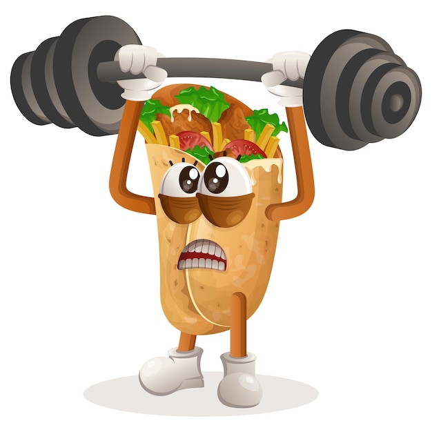 Cute burrito mascot bodybuilding with barbell