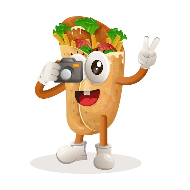 Cute burrito mascot taking photo with camera