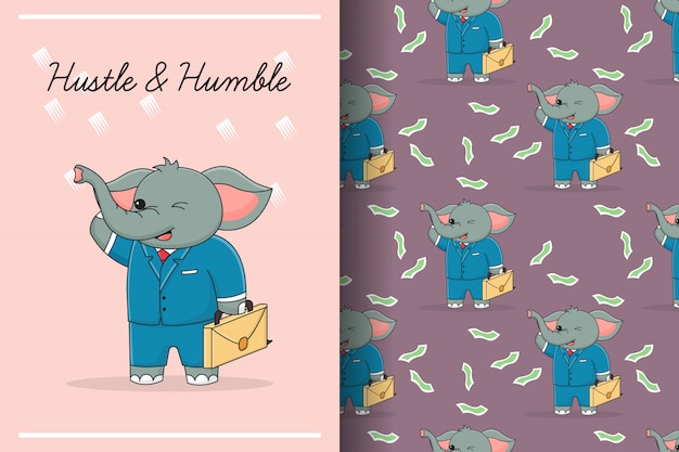 귀여운 비즈니스 코끼리 원활한 패턴 및 카드