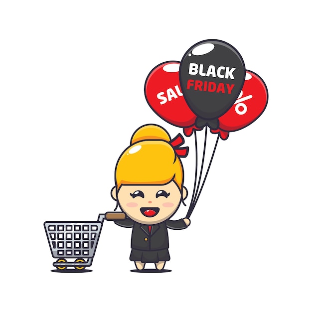 Cute business woman in black friday sale cartoon mascot illustration